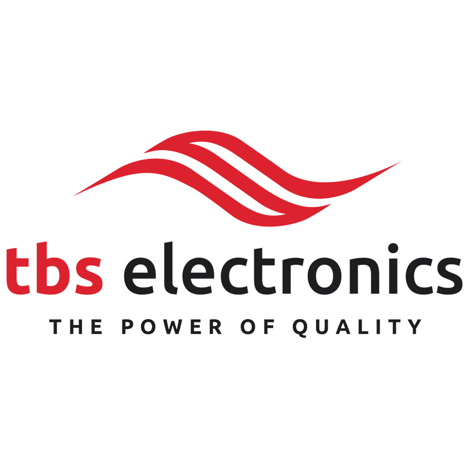 tbs electronics logo with red wavy design on a white background
