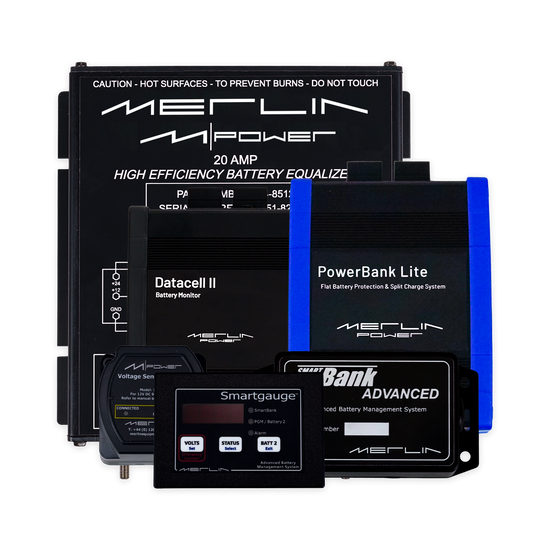 A collection of products Merlin supplies that are made to manage power. This includes flat battery protection devices, split chargers, battery monitors, battery management controllers, and battery equalisers.